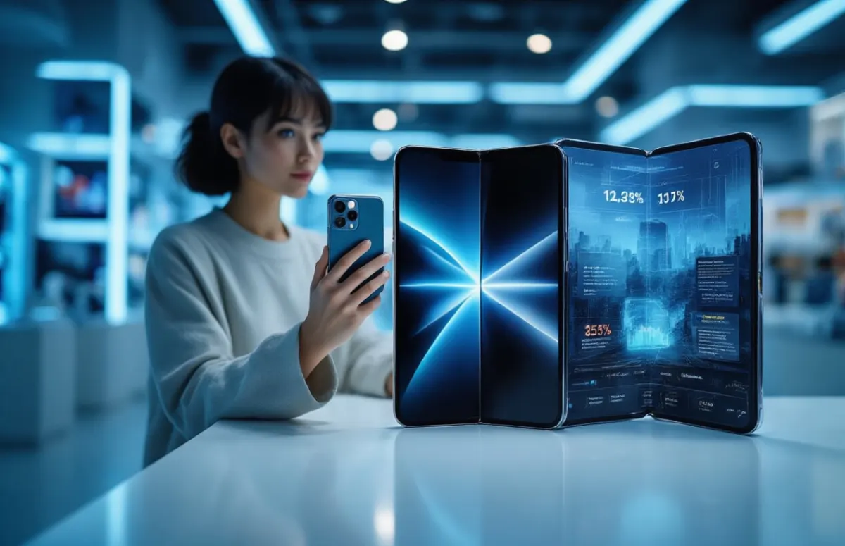 Create a realistic image of a person holding an iPhone 17 and a foldable smartphone side by side, comparing them thoughtfully against a futuristic tech store background with soft blue lighting, digital screens showing sales statistics in the background, conveying the theme of consumer choice and market competition.
