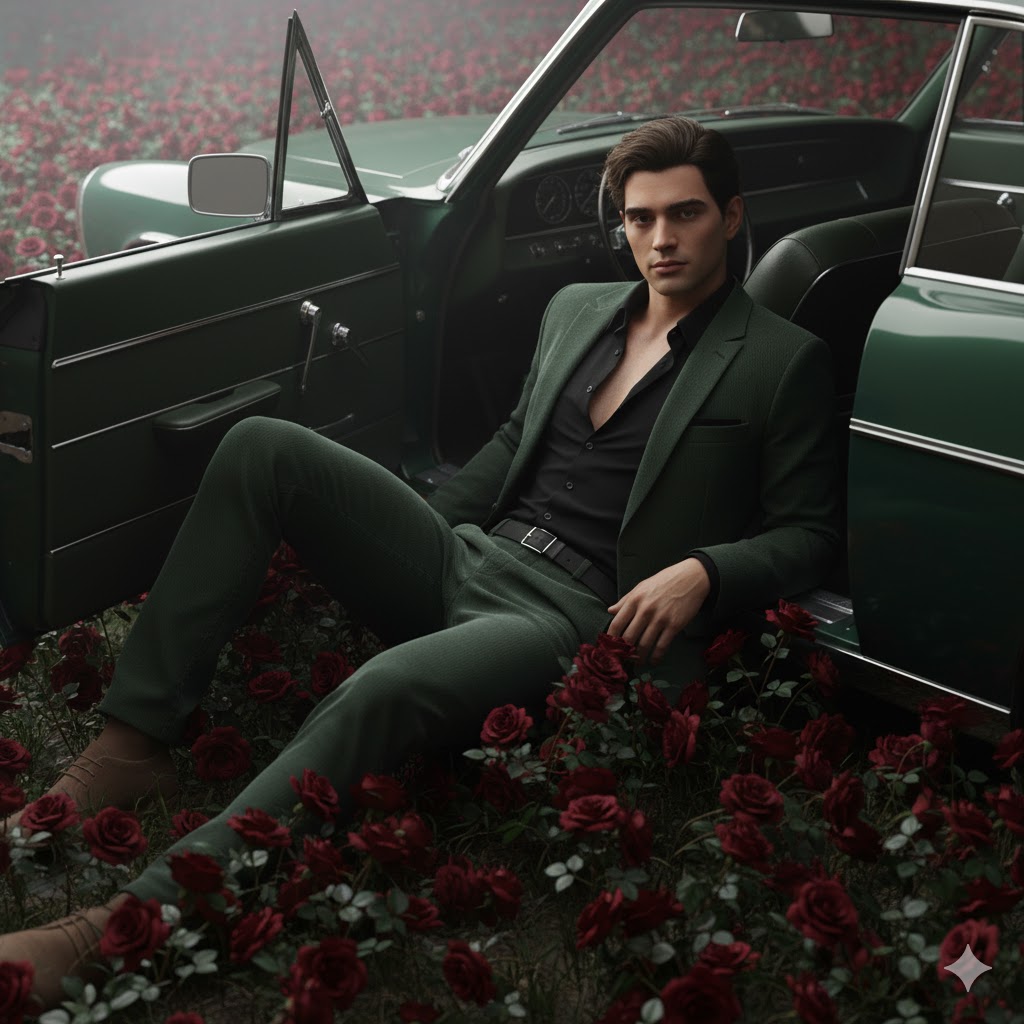 Masculine Style: Ultra-Detailed 8K Photo of Man in Dark Green Suit & Vintage Car