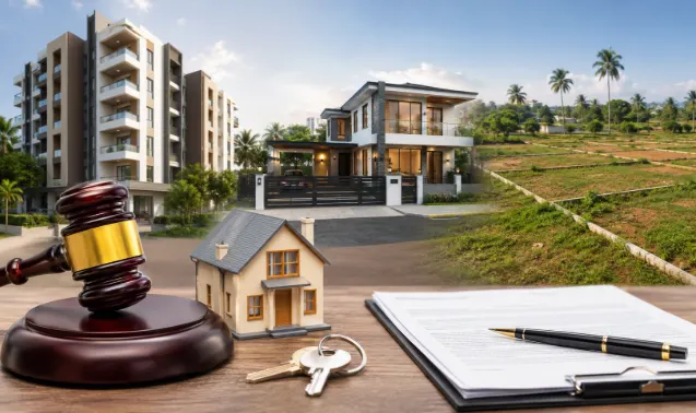Properties Auctions in Kerala showing residential house, land and commercial property auction concept with bidding documents