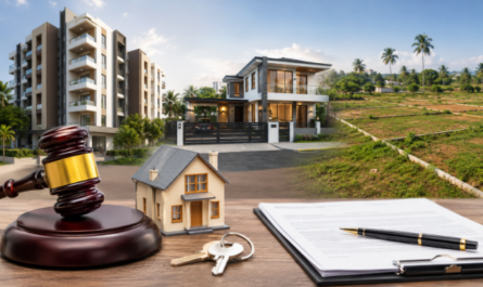 Properties Auctions in Kerala showing residential house, land and commercial property auction concept with bidding documents