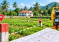 Kerala land boundary dispute survey with boundary stone and measurement equipment