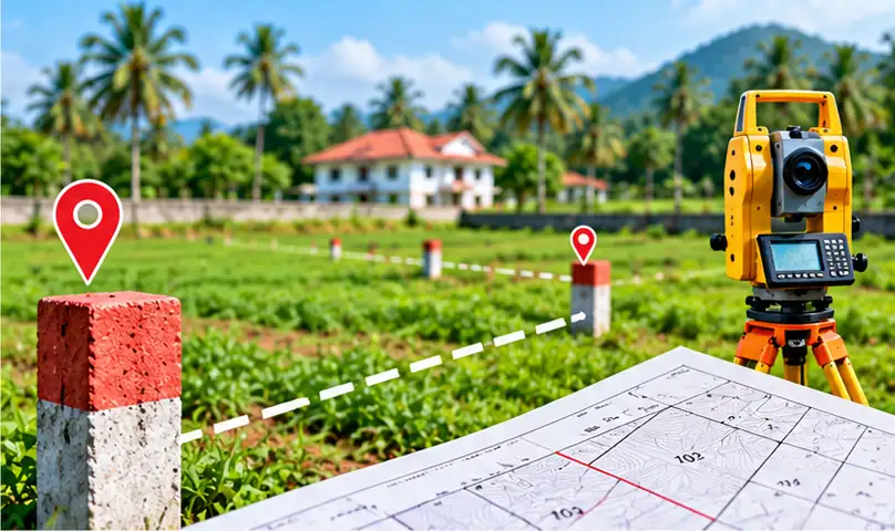 Kerala land boundary dispute survey with boundary stone and measurement equipment